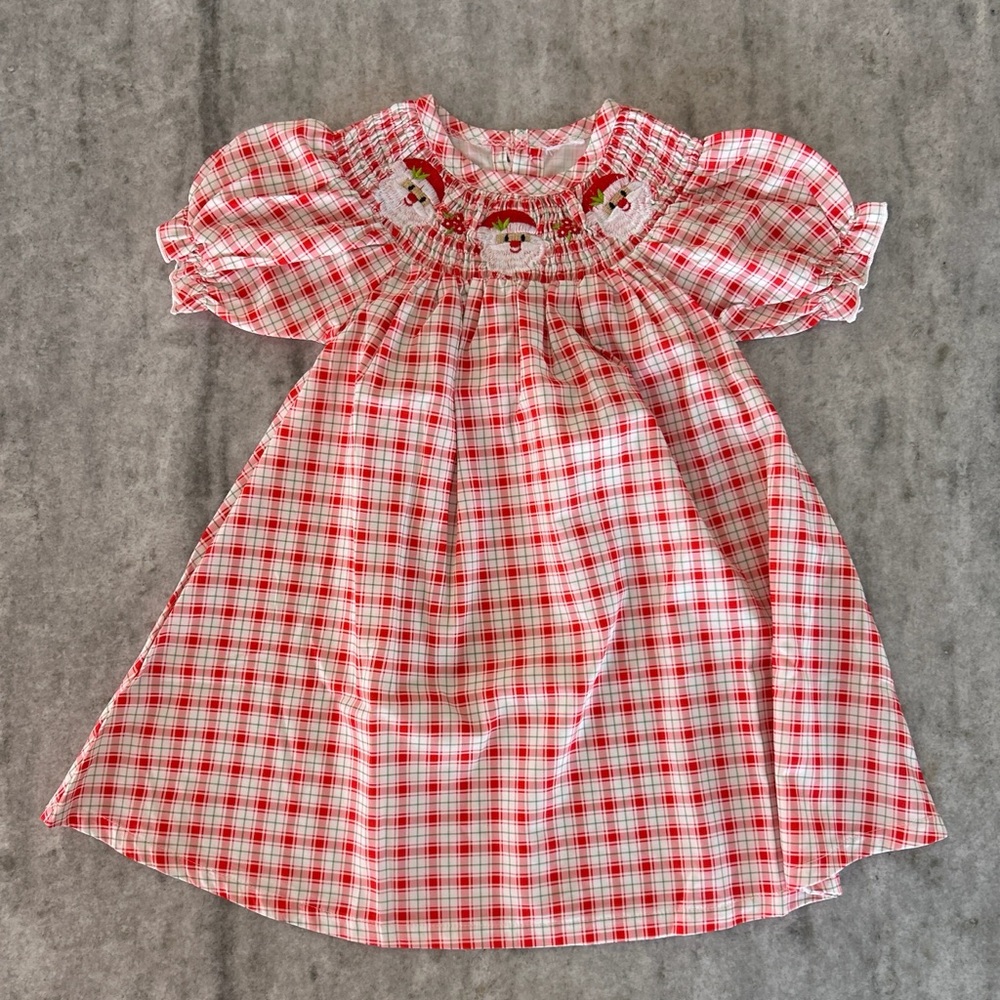 Smocked Red Plaid Kids Dress with Santa Motif